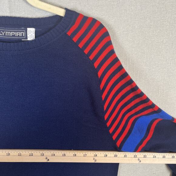 VTG 100% Wool 80s Olympian CB Sports Sweater Medium Ski Blue Red Crewneck Jumper - Picture 5 of 8